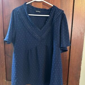 BloomChic Navy Blouse with Lace Trim